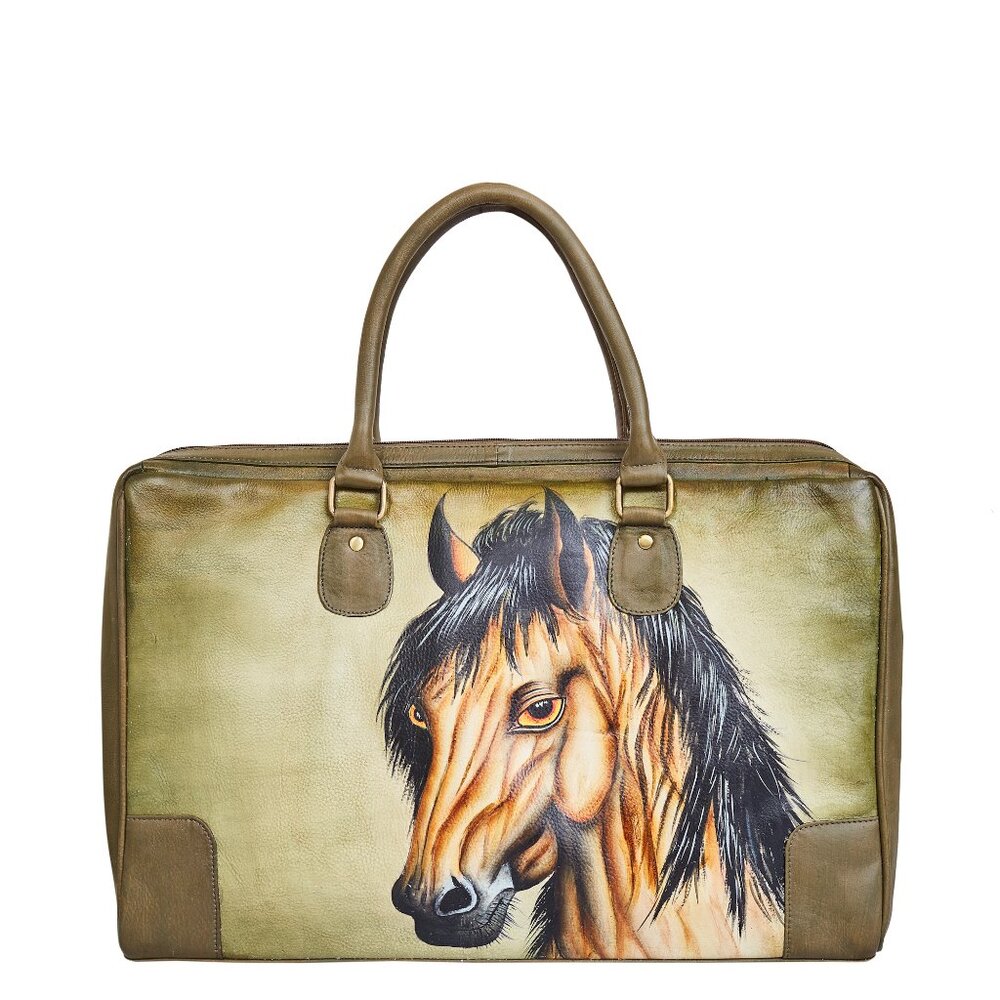 Hand-Painted Leather Women Carry-All Tote Bag with Horse Artwork, Top Handle Bag